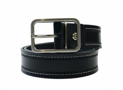 حزام جلد طبيعي رجالي أسود بخياطة أبيض وأسود – JINTO